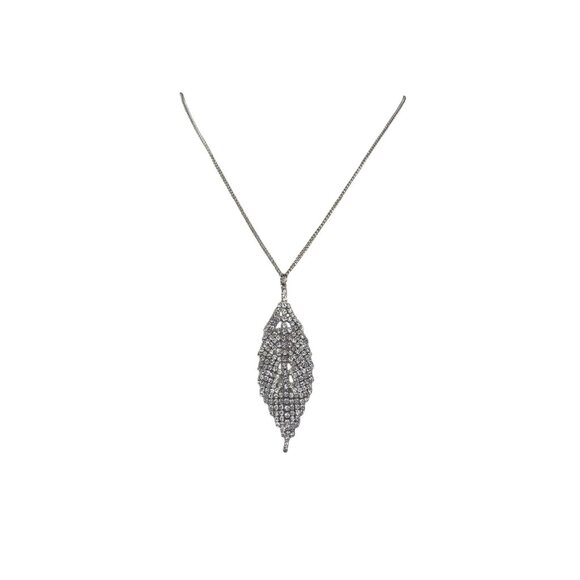 Vintage Silver Tone Rhinestone Pendant Necklace Elegant Mesh Leaf Design Jewelry - Picture 4 of 6
